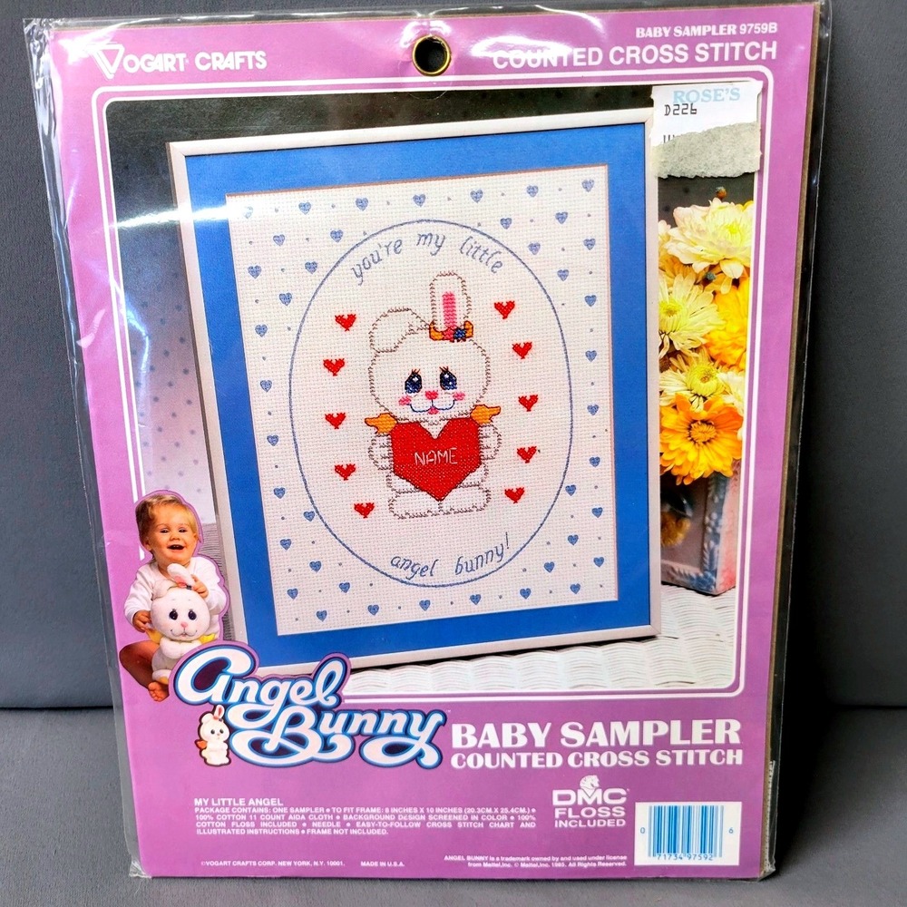 Vogart Crafts Angel Bunny Baby Sampler Cross Stitch Kit 9759B 1985 Vintage